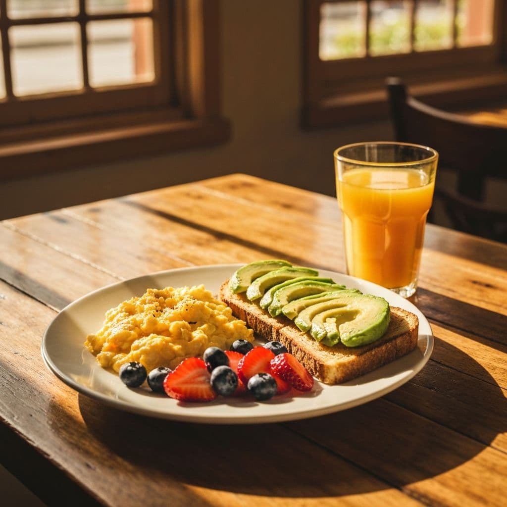 Plato de desayuno con huevos, aguacate y frutas