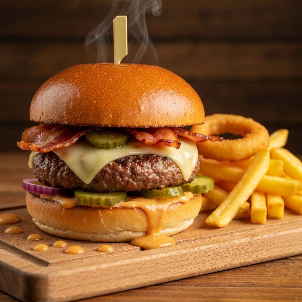 Hamburguesa artesanal con papas fritas y aros de cebolla