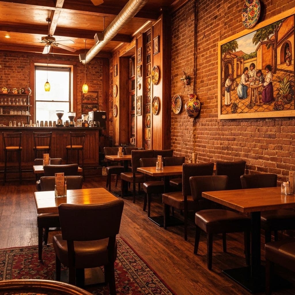 Interior del North Star Cafe con paredes de ladrillo y decoracion calida